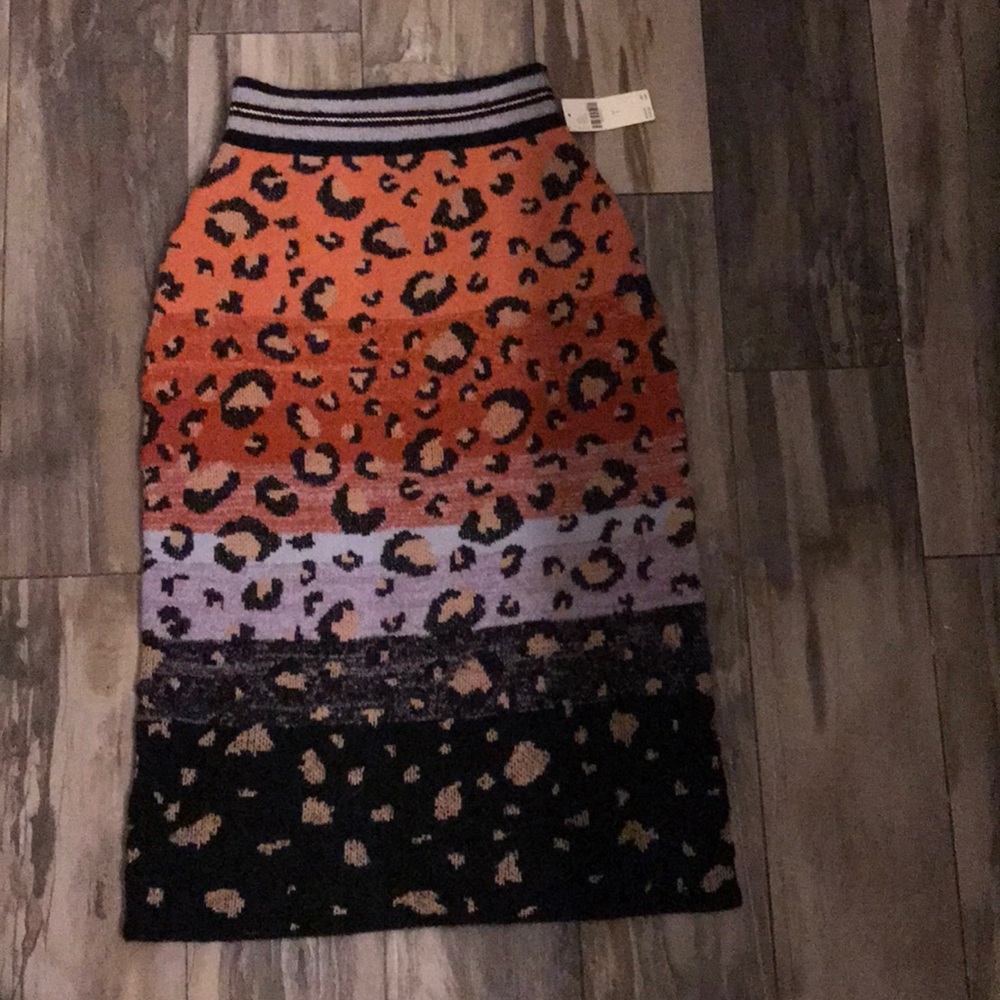 Anthropologie Orange and Purple Leopard Midi Skirt